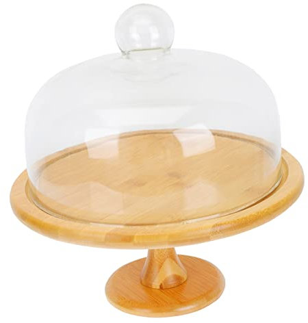 Amosfun Cake Plate Stand Cover Wood Cake Stand Dessert Holder Display Glass Dome Lid for Parties