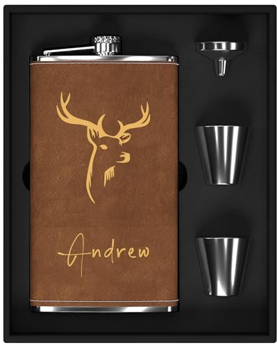 Flasque a Alcool Personnalisé, Flasque Whisky en Inox 304 12oz/355ml Personnalisable avec Motif de Cerf, Fiole Alcool Personnalisé pour Cadeau Homme (Marron)