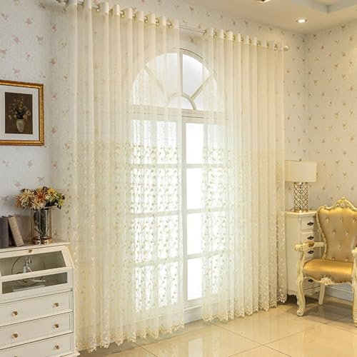 Wycian Outdoor Vorhang Ösenvorhang Creme Beige Voile 2er Pack mit Blumenranken Bestickt H160 x B86 cm (2er Pack) Polyester