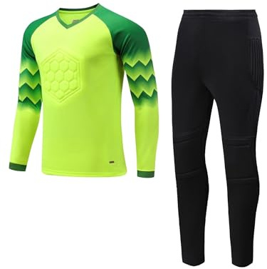 dPois Kids Boys Long Sleeve Padded Goalkeeper Jersey Outfits Soccer Goalie Shirts Tops with Sweatpants Set Fluorescent Green 13-14 Years