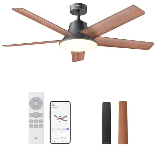 DREO ventilateur de plafond intelligent 132 cm, lumière LED dimmable, 12 vitesses, 3 modes, minuterie 12h, moteur DC silencieux, contrôle par télécommande/APP/Alexa, noir pour intérieur
