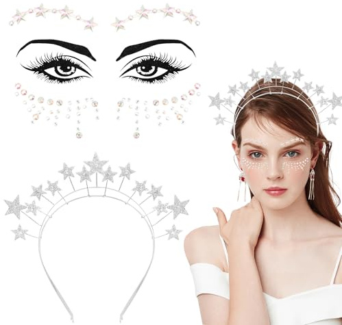 Rhinestone Star Headband,Star Hairband+DIY Face Patch,Sparkling Silver Rhinestone Headpiece,For Party Scenes Such as Makeup Parties and Edm Electronic Music​,Party Wedding Festival Hair Accessory