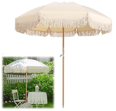 YAVYAV 200 Cm Sonnenschirm Für Den Außenbereich Mit Quaste, UPF50+ Boho-Strandschirm, Gartensonnenschirm Mit Neigung, Klappbarer Terrassenschirm, Für Hochzeitsdekoration
