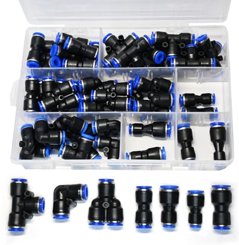 Lot de 46 raccords pneumatiques rapides de 8 mm - Droits, coudés, en T, répartiteurs en Y et réducteurs - Connecteur de tuyau d'air pour tuyaux en polyuréthane/nylon/polyéthylène