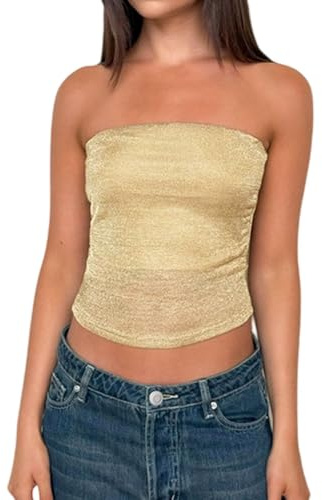 GCZREN Donne Sexy Maglia Trasparente Senza Spalline Metallic Crop Tubo Top Y2K Glitter Elastico Uscire Vedere Attraverso Bandeau Tops, Oro, M
