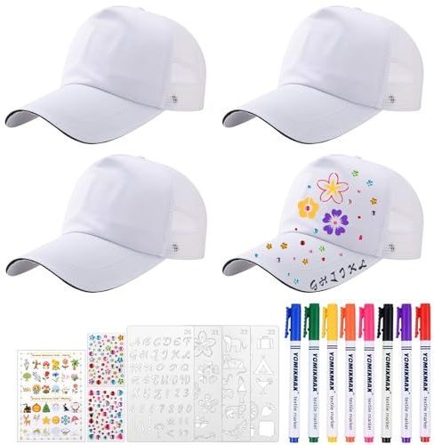 guobinZH DIY Kappe für Kinder Baumwolle Weiß Mesh-baseballmütze Baseballcap Zum Bemalen Graffiti Kappe mit Textilstifte Aufklebern Geschenkbox Malbuch Malvorlagen für Kinder Wandert im Freien Outdoor