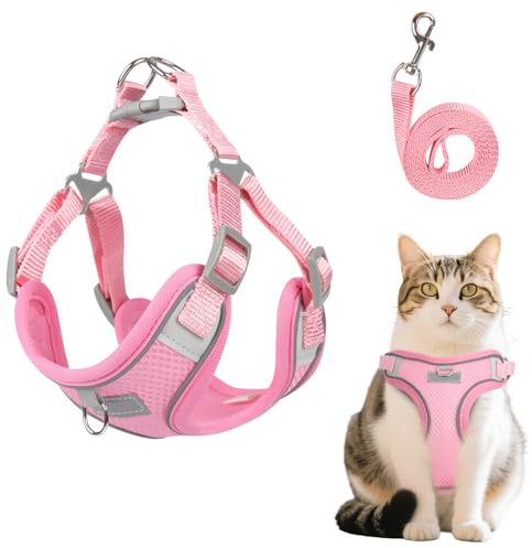 MOTIBACK Katze Komfort Breathable Rosa Katzengeschirr mit Softgeschirr für Brustgeschirr Harness, Verstellbar Katzenleine Essentials für Katzenbesitzer, Katzengeschirr mit Leine Ausbruchsicher (M)