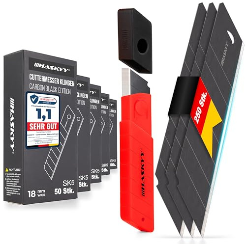 HASKYY Cuttermesser Abbrechklingen Ersatzklingen 250x SK5 Klingen 18mm aus Carbonstahl für Teppichmesser – Cutterklingen – Schwarz – extrem scharf