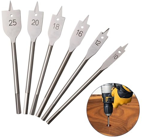 6PCS Spade Drill Bits Set for Woodworking, High Carbon Steel Paddle Flat Bit Wood Hole Cutter with Quick Change Shank Hex Shank for Wooden, ø 10/12/ 16/18/ 20/ 25mm