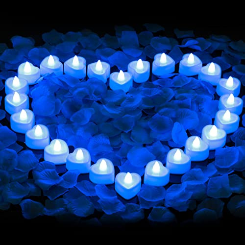 Lot de 2 000 pétales de rose artificiels avec 24 bougies chauffe-plat LED – Décoration romantique pour mariages, anniversaires et Saint-Valentin | Bougies à piles bleues