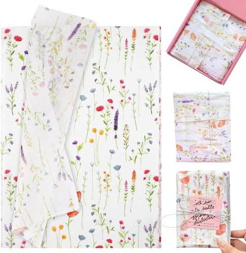Euablfo 100 Piezas hojas de papel de seda, Decoración de Papel de Regalo con Flores Silvestres, para Envolver y Bolsas de Regalo papel de seda para Navidad, Boda, Aniversario, Cumpleaño,Fiesta, DIY