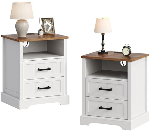 ChooChoo Farmhouse Night Stands with Charging Station Set of 2, 2 Drawers | Wood Nightstand, Bedside Table, Open Storage Shelf, Bedroom, Living Room, White