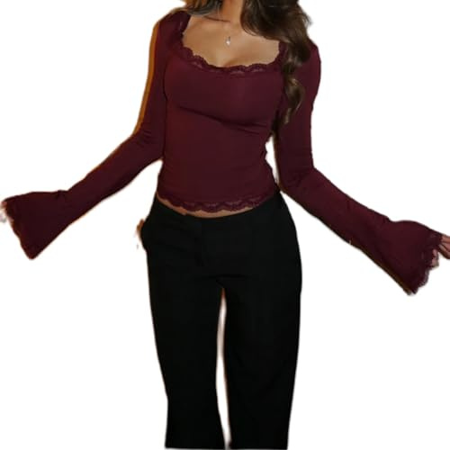 BABWWNIX Womens Y2K Bell Long Sleeve Top Lace Trim Square Neck T Shirt Crop Tops Slim Fit Going Out Shirts Blouse Streetwear