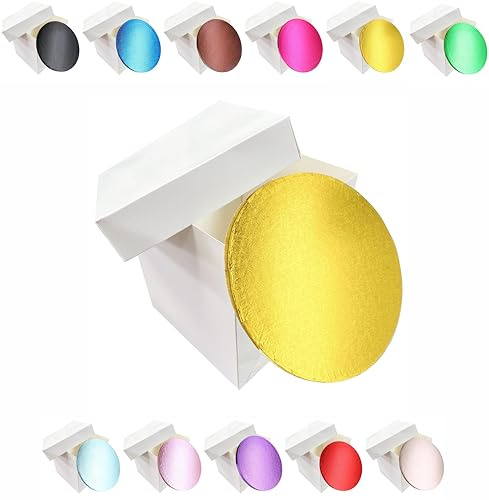 LARRYROO Tall White Extra Deep Cake Box + Lid & Round Colour Cake Drum Board Combo Pack for High Celebration, Wedding, Birthday Cakes (Gold, 10 Inch)