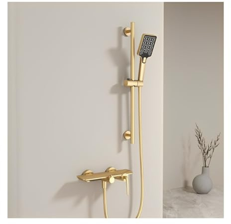 SWHC Badewannenarmatur Gold mit Handbrause, Badewannenarmatur Wasserfall Aufputz Wannenarmatur Messing Mischbatterie Badewanne Wandmontage Armatur Wasserhahn Badewanne mit Duschstange