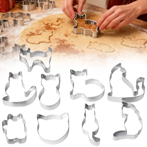 Juego de 9 cortadores de galletas de gato de Navidad, juegos de cortadores de galletas de vacaciones de invierno, cortadores de acero inoxidable en forma de gato, moldes para dulces y alimentos para