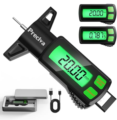 Preciva Tyre Tread Depth Gauge UK - Digital Car Tyres Measuring Tool with Large LCD Touchscreen, 0-25.4mm/1-Inch Tire Surface Checker Type-C Charging for Trucks, Vans, Cars, Motos - Black