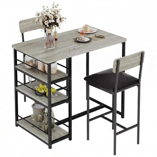 Crevyteg 3-Piece Breakfast Bar Set with 2 PU Leather Stools, Space-Saving Bar Table with 3-Tier Storage Shelf, High-Back Stools for Kitchen/Dining, Grey