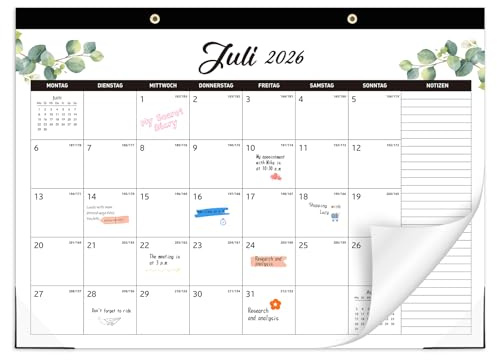 Kalender 2026/2027, 18 Monate Groß Wandkalender, 43x30cm, Grüne Blätter | Juli 2026–Dez 2027, Dickes 110 GSM Papier, Notizfeld, Abreißbar, PVC-Schutzcover, Für Familie & Büro