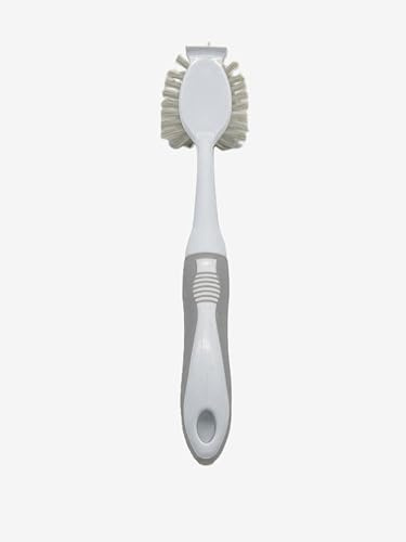 apollo THE HOUSEWARES BRAND Dish Brush Washing up Comfort Soft Touch Handle | Kitchen Scrub for Pots and Pans, Firm Bristles, With Incorporated Scraper, 28.5x9x7cm, White and Grey