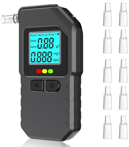 woeaozy Breathalyser - Professional Breathalyzer with 10 Reusable Mouthpieces, Portable Alcohol Tester with LCD Digital Display for Euro Travel & Home Party Use