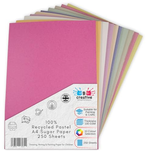 A4 återvunnet sockerpapper pastellfärger 250 ark i 10 blandade färger, bra för barnkonst och hantverk, ritning, målning och scrapbooking. 30 x 21 cm arkstorlek