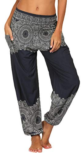 Nuofengkudu Donna Harem Hippie Pantaloni con Tasche Boho Print Vita Alta Larghi Leggeri i Yoga Pants Estivi Spiaggia (Nero A,Taglia Unica)