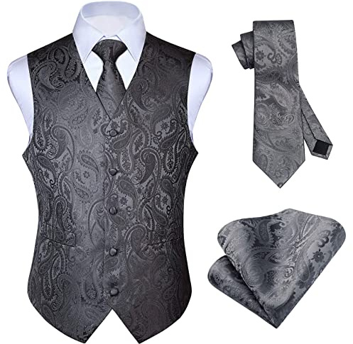 HISDERN Anzugweste für Herren Paisley Hochzeitsweste Krawatte Einstecktuch Taschentuch Jacquard Weste Herren Anzug Set Elegant Grau 3XL