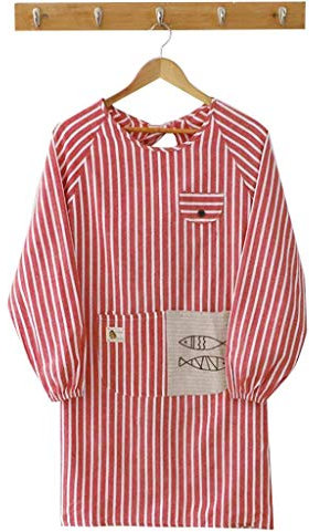 SSB Schürze mit Ärmeln für Damen, Baumwoll-Latzschürze mit Taschen, wasserdicht, öldicht, Kochschürze für zu Hause, Kochen, Malen, Geschirrspülen, gestreift, Rot, 103 x 80 cm
