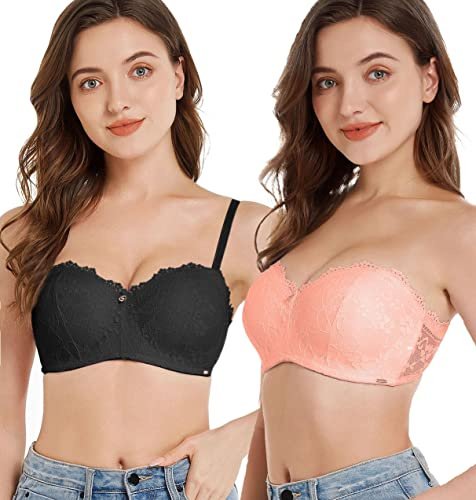 SHEKINI Reggiseno a Balconcino Reggiseno Push up con Ferretto Reggiseno in Pizzo Spalline Regolabili e Staccabili 2 Ganci 2 Pezzi