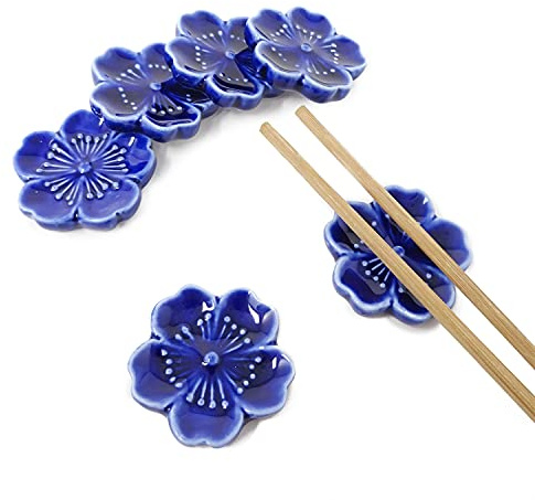 Honbay 6PCS Elegant Cherry Blossom Ceramic Chopsticks Rest Rack Stand Holder for Chopsticks, Forks, Spoons, Knives, Paint Brushes (blue)