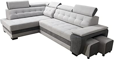 Robin Inspire Grand Ecksofa mit Schlaffunktion Silber-Anthrazit Links | L-Form Sofa mit Bettkasten, Relaxfunktion, 2 Hockern und Kopfstützen. Wohnlandschaft mit Schlafoption.