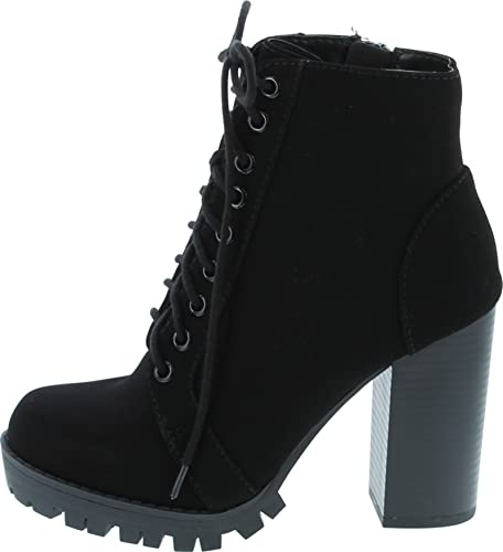 Soda Chalet – Fashion Lace up Military Inspired Ankle Boot with Stacked Heel and Side Zipper (Black Nubuck, 8.5)