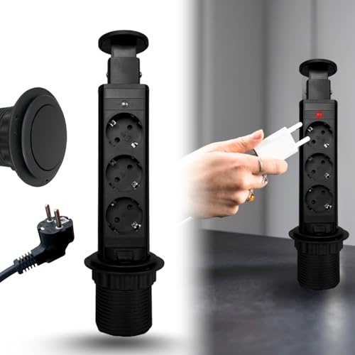 Multiprise verticale amovible à encastrer avec 3 prises type Schuko - Prise multiple avec ouverture Push pour bureau (noir)