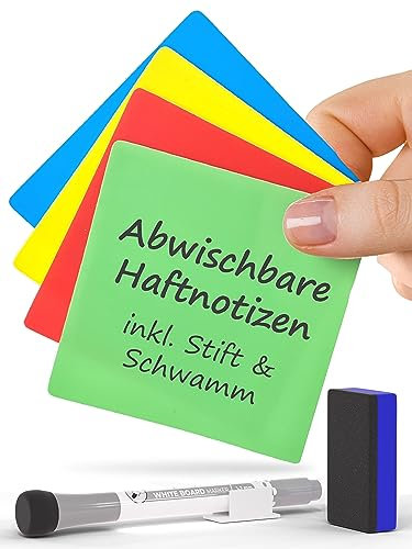 YOURGANIZE® abwischbare Haftnotizen | 20 Stück | 76x76mm | bis zu 2000x wiederverwendbar | Set inkl. Stift & Whiteboard Schwamm | Sticky Notes