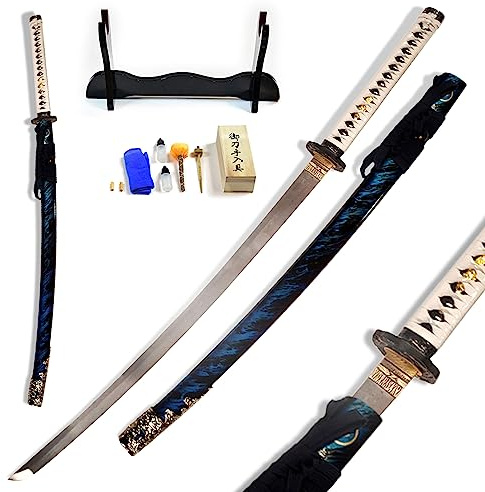Ghost of Tsushima – Jin Sakai Schwert – The Storm of Sakai Katana, Samurai Schwerter scharf echt, handgeschmiedeter Carbon Stahl 102cm, Katana Schwert, Schwertpflegeset, Ständer, Gamer Geschenk