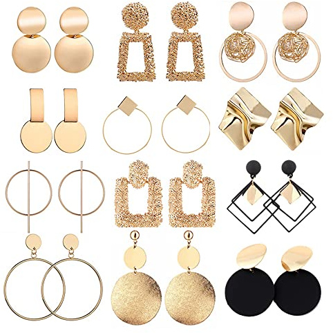 TOEECY 12 Paires Boucles d'Oreilles Pendantes Géométrique pour Femme Filles Lot Boucle d'Oreille or Grand Rondes Carrées Métal Dorée Mode Bijoux Ensemble