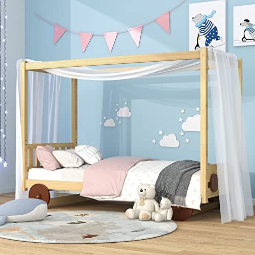 Autobett Kinder, Autobett 90X200 Natürlich Massivholz Autobett mit MDF-Rädern Kann mit Werden Abnehmbarer Rahmen Bett Schlafzimmer
