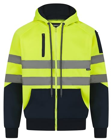 LABEL APPAREL Hi Vis MensHoodie Longsleeve Reflective Tape Hooded Winter Zipper Jacket Security High Visibility Workwear Sweatshirt for Men UK (UK, Alpha, M, Regular, Regular, Yellow/Navy)