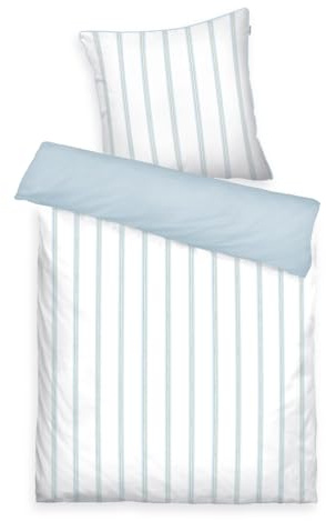 TOM TAILOR Bettwäsche Classic Satin Stripes Cozy Sky Blue & Light Lemon, 80x80 cm + 135x200 cm, 100% Baumwolle/Satin, mit Wendemotiv, Farbiger Paspel am Kissen und Markenreißverschluss, 00008008050