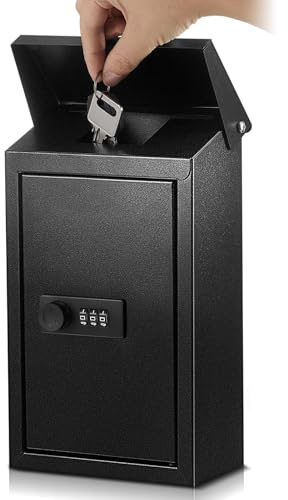 Yaocom Locking Mail Boxes with Combination Lock Outdoor Wall Mount Mailbox Metal Secured Mail Drop with Cover Lockable Mailbox for Outside Hanging Postbox Collection Box, 10 x 5.5 x 3 Inches, Black