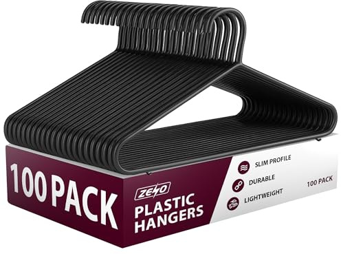 ZENO Plastic Coat Hangers 100 Pack | Strong Hangers for Clothes | Adult Coat Hanger for Clothes Rail & Closet | Non Slip Plastic Hanger with Trouser Bar & Clips | 38.5CM Wide