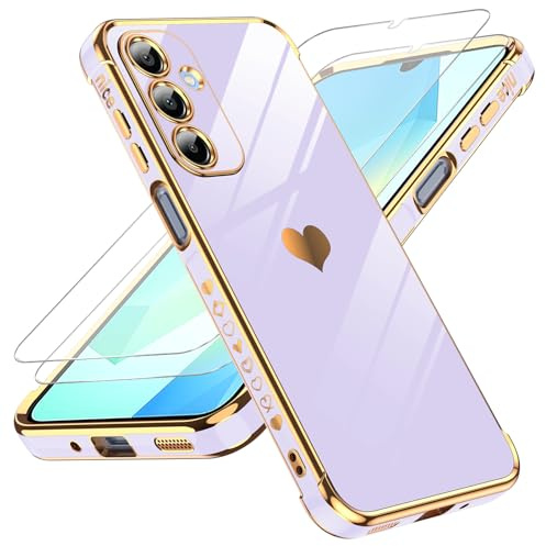 LeYi Coque pour Samsung Galaxy A16 4G / 5G avec 2 Verre Trempé Silicone Forme de Coeur d'amour, Housse Étui de Protection Antichoc Anti-Rayures Souple TPU Légère Coque Samsung A 16 - Violet