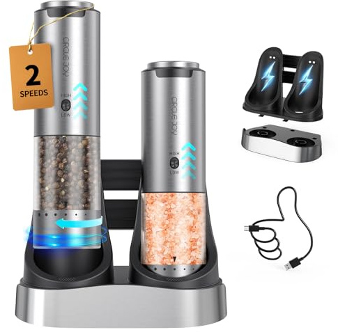 CIRCLE JOY Rechargeable Salt and Pepper Grinder Set Stainless Steel Electric Pepper Grinders with Variable Grinding Speed, External Adjustable Coarseness, Charging Base and White LED Light, Silver