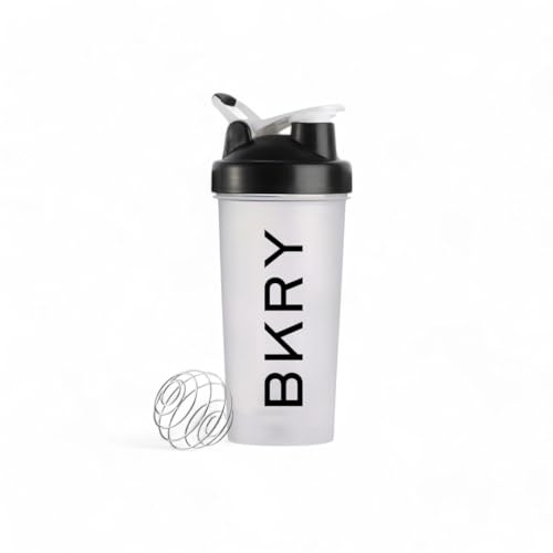 Bvkhary BKRY - Bottiglia shaker per proteine con frusta metallica, con manico per il trasporto e segni di misurazione, perfetto per frullati e integratori proteici, 600 ml (trasparente)