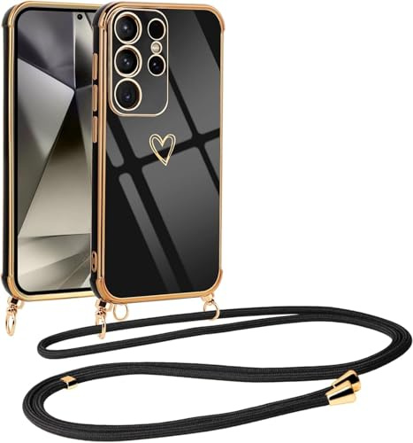 Vauki handyband für Samsung Galaxy S25 Ultra 5G Hülle mit Band, Handyhülle mit Kette, Herz Motiv, Ultra Dünn Stoßfeste Aesthetic Silikon Case mit Kordel zum Umhängen für Samsung S25 Ultra, Schwarz