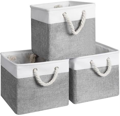 Cozary Aufbewahrungsbox Set 28x28x28 cm - Faltbar - Aufbewahrungskorb mit Metalleinsatz und Baumwollgriff - Aufbewahrung Korb Stoff für Regal, Schrank, und Kleidung - Graues/Weißes - 3er Pack