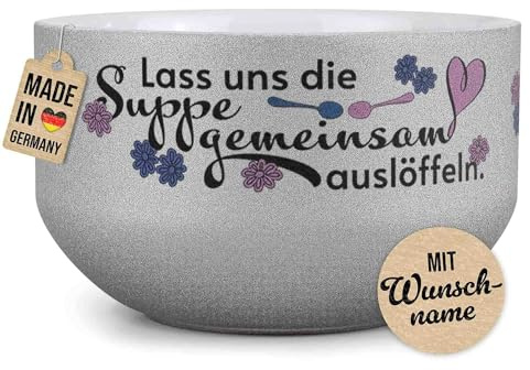 Print Royal PR Glitzer Müslischale mit Namen selbst gestalten - Suppe gemeinsam auslöffeln - Geschenk zur Hochzeit, Valentinstag, Paare - Personalisierte Geschenke, Keramik, Silber 500 ml