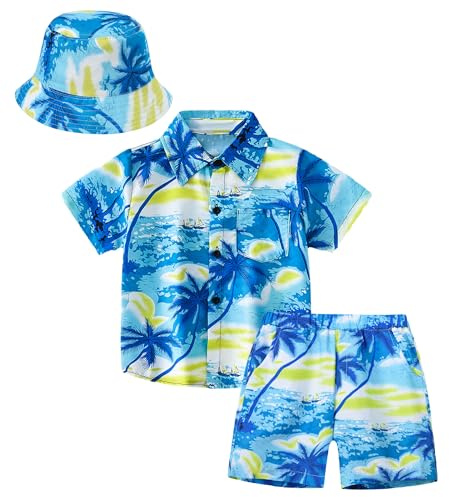 Happy Cherry Set Camicia e Pantaloncini per Bambini Ragazzi 3pz Completi Hawaiani Manica Corta Maglietta Estiva + Pantaloncini + Cappello da Pescatore Outfit 5-6 Anni Albero di Cocco Blu