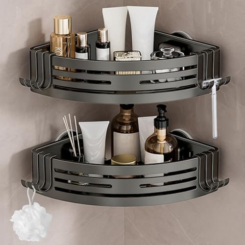 Lekesky Corner Shower Caddy Suction Cup, Corner Shower Shelf with Hooks, Bathroom Shelves No Drilling, Bathroom Organiser for Bathrooms Storage (Aluminum, 2-Pack, Gunmetal Gray)